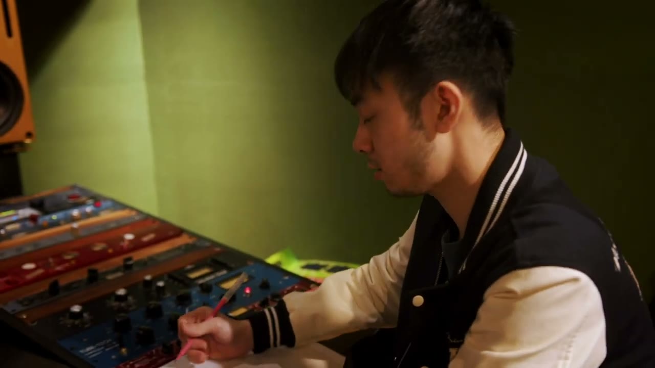 梁言任於錄音室控台前工作